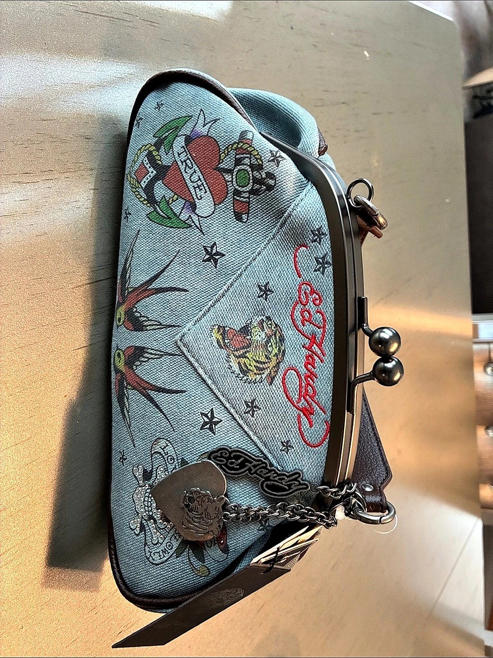 Ed Hardy Denim Kisslock Frame Handbag Blue & Brown